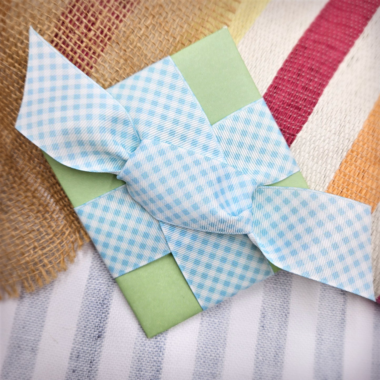 Gingham Check Ribbon in light baby blue and white on 1.5" White grosgrain
