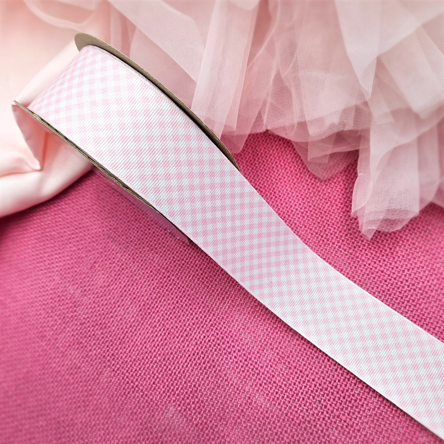 Gingham Check Ribbon in light baby pink and white on 1.5" White grosgrain