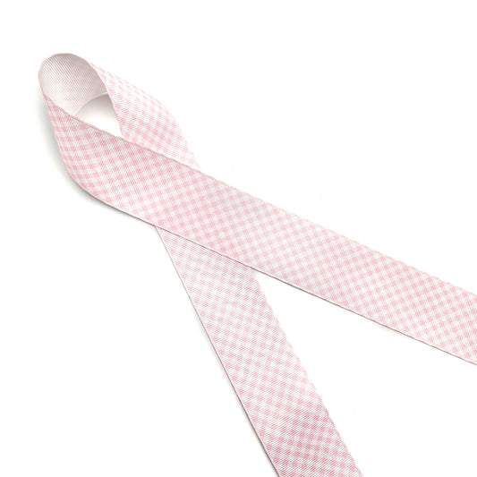 Gingham Check Ribbon in light baby pink and white on 1.5" White grosgrain