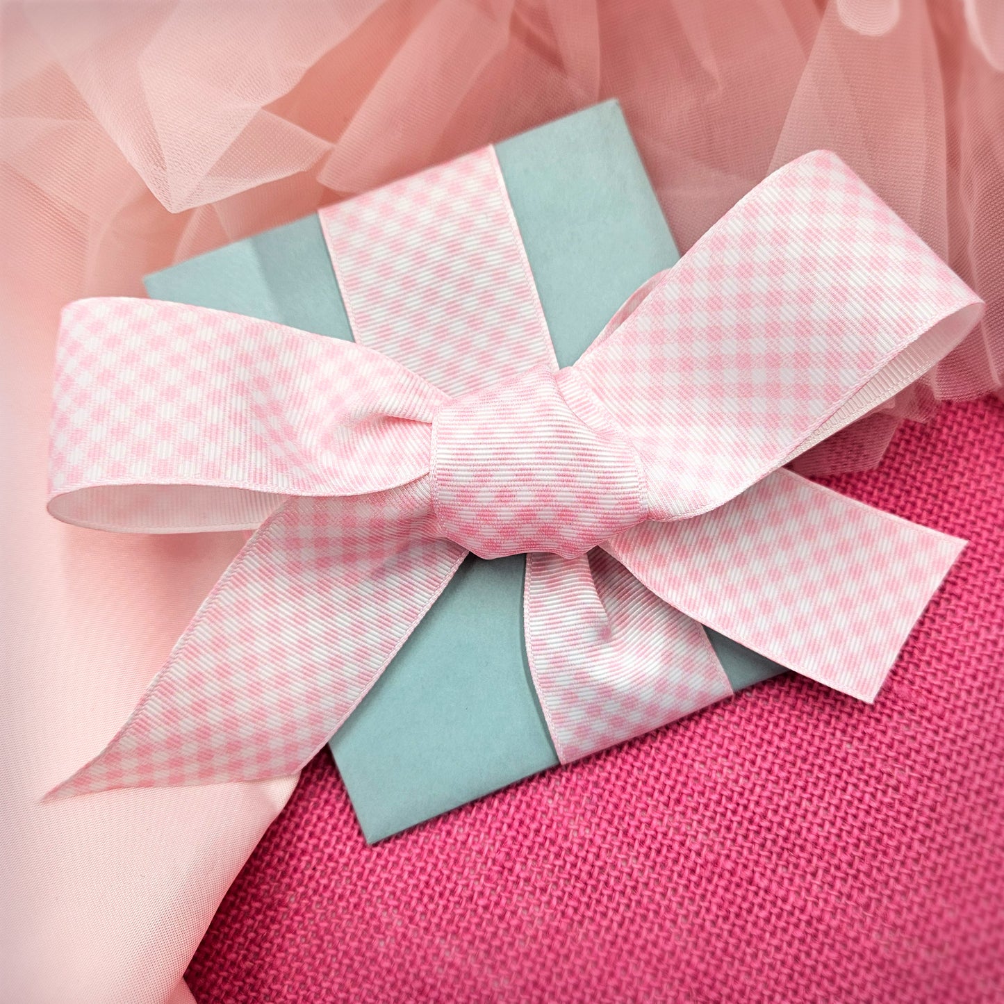 Gingham Check Ribbon in light baby pink and white on 1.5" White grosgrain