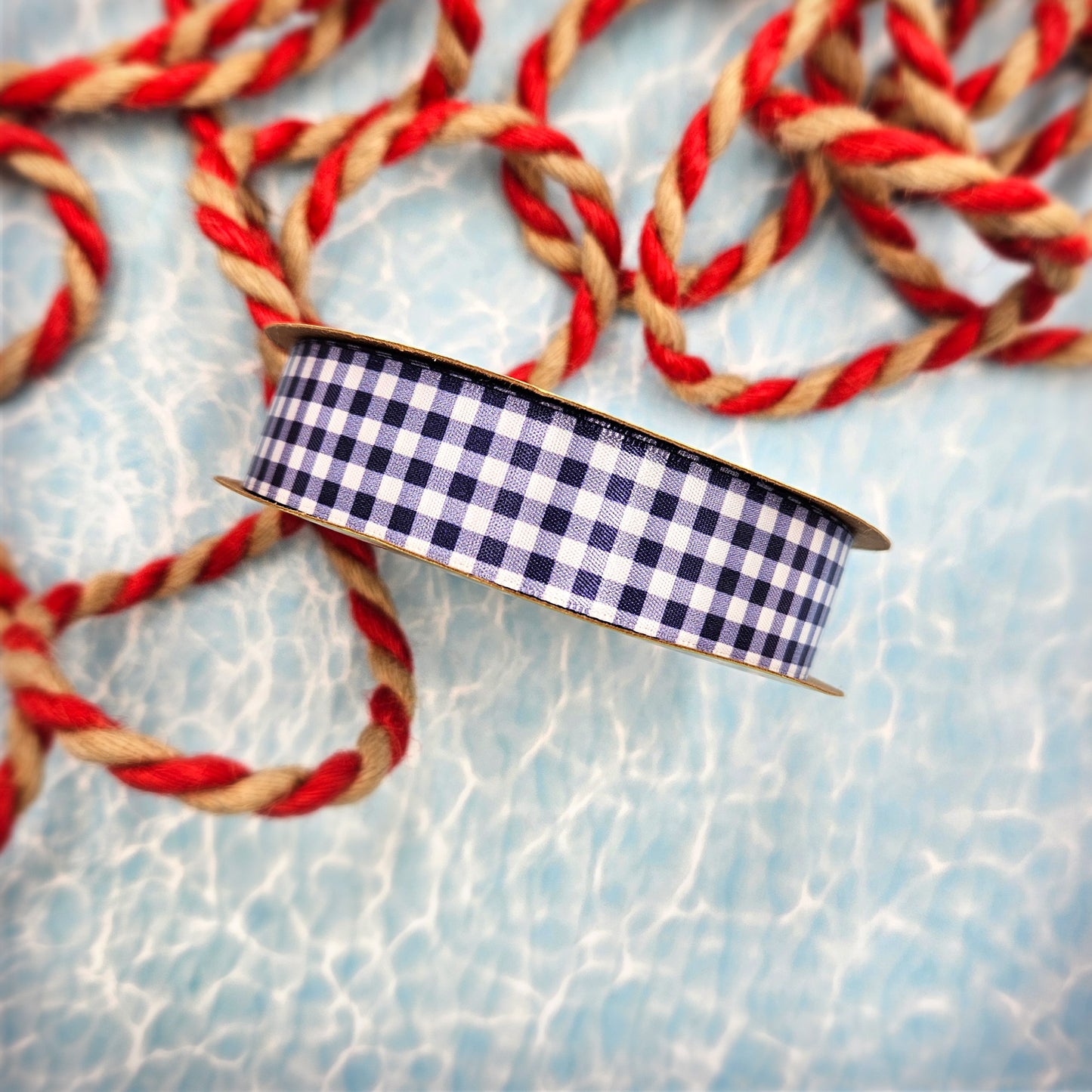 Navy Gingham check ribbon on 7/8" white single face satin