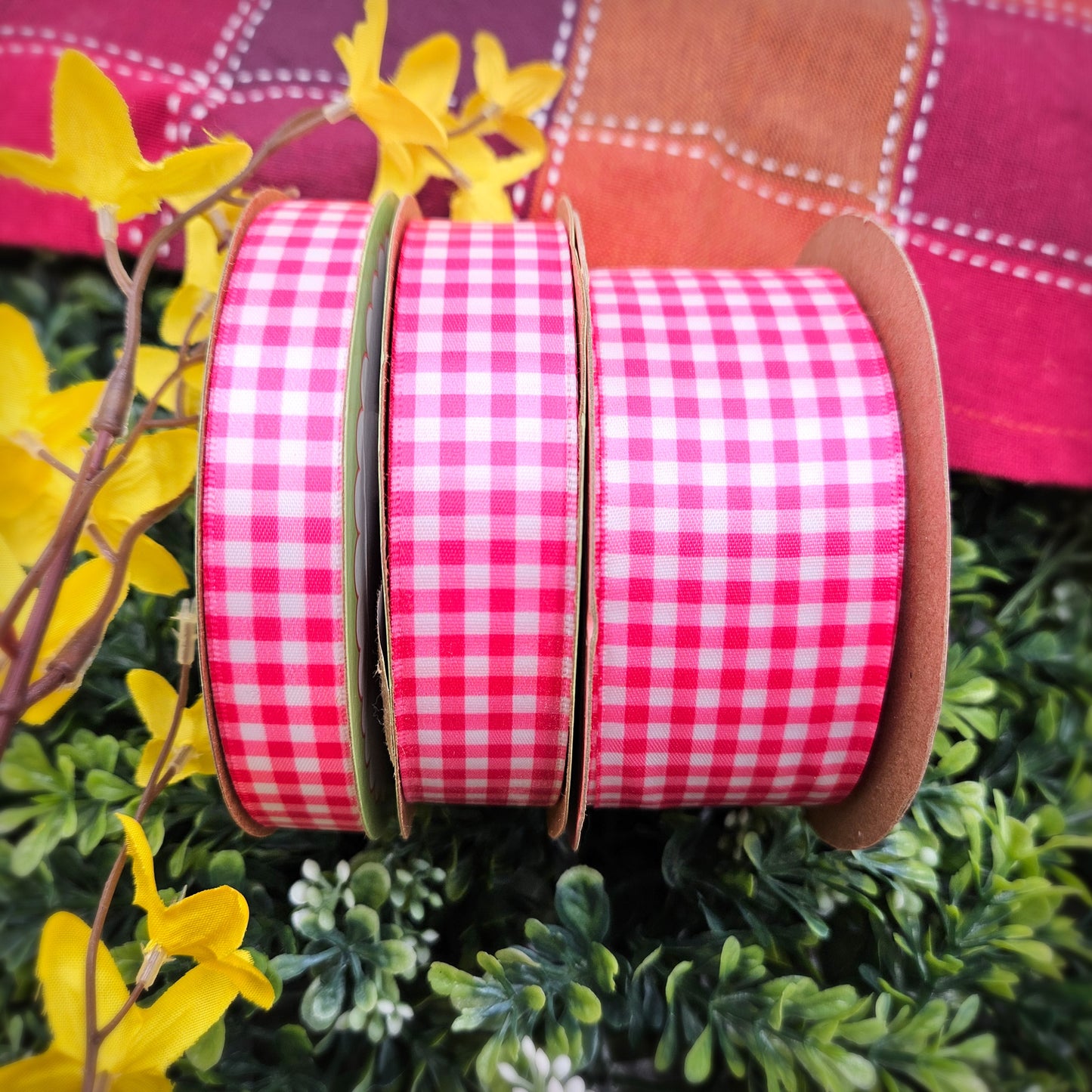 Hot Pink Gingham ribbon printed on 5/8"white single face satin