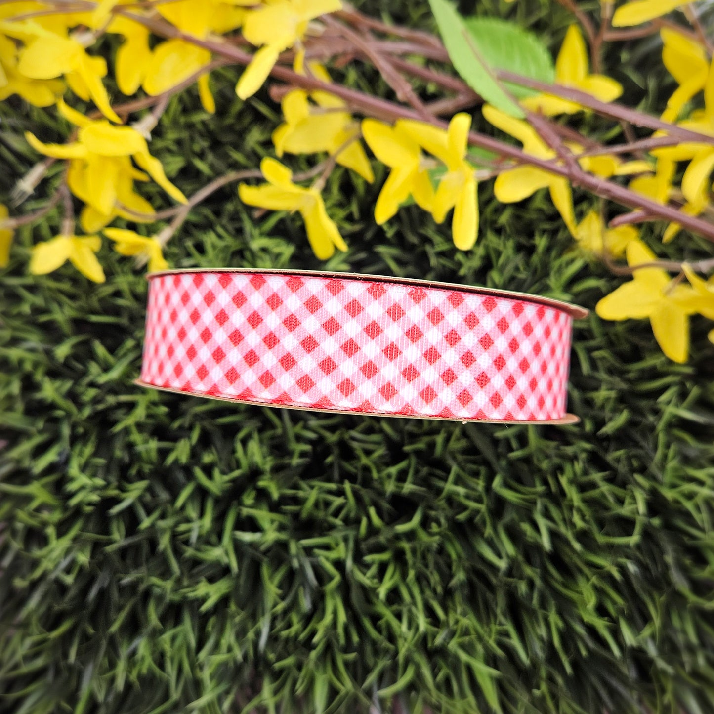Gingham Check Ribbon in red and white on 7/8" White grosgrain