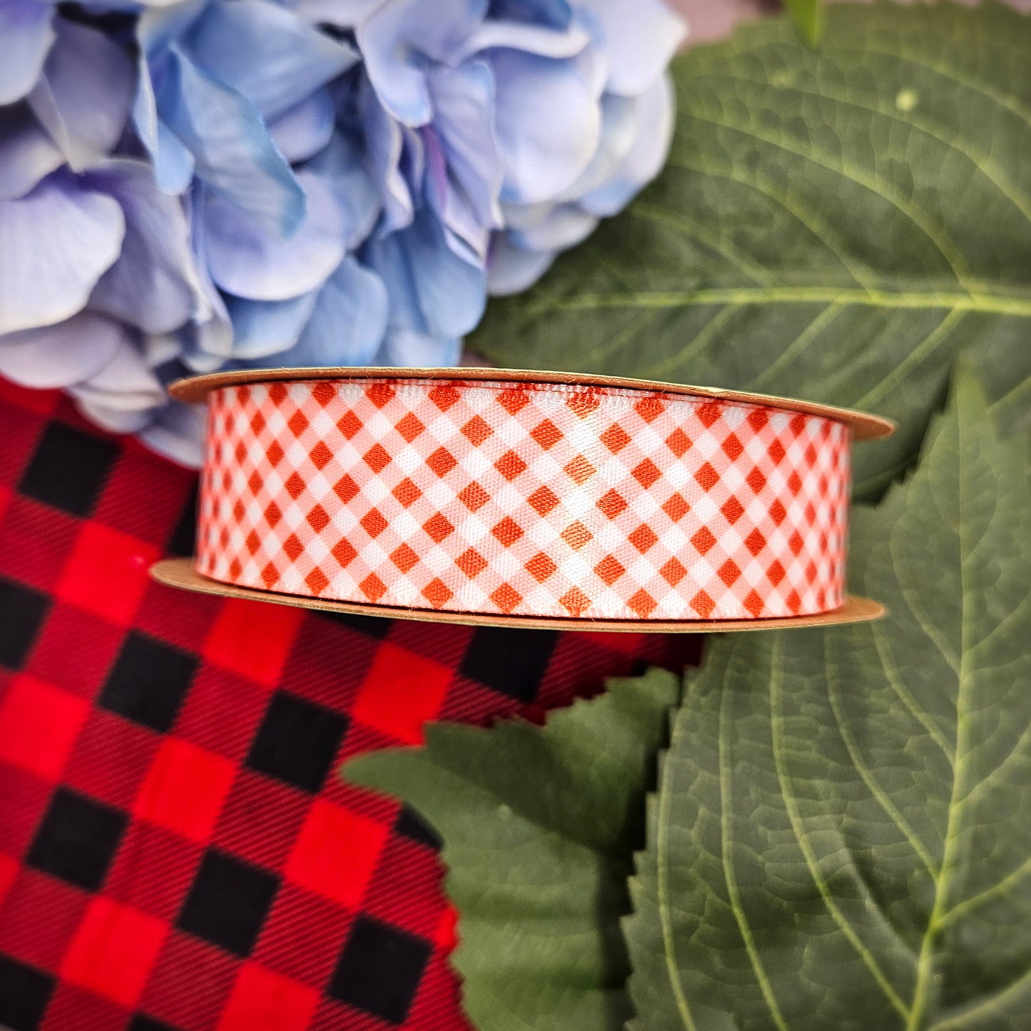Gingham Check Ribbon in red and white printed on 7/8" white single face satin