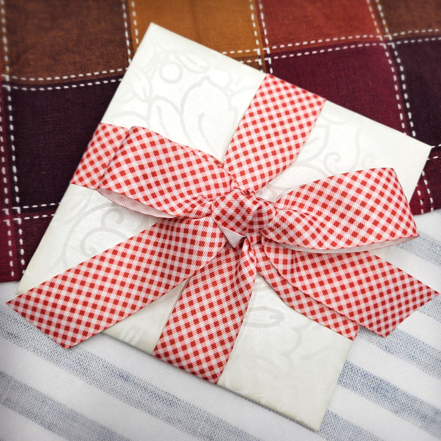 Gingham Check Ribbon in red and white on 1.5" White grosgrain
