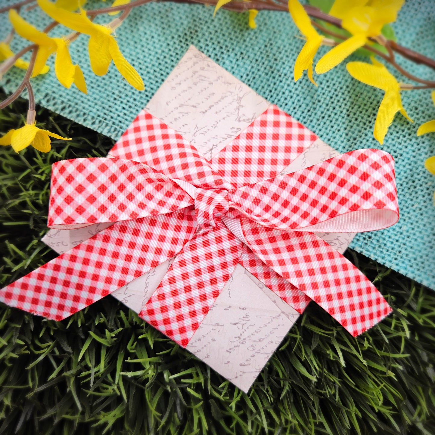 Gingham Check Ribbon in red and white on 7/8" White grosgrain