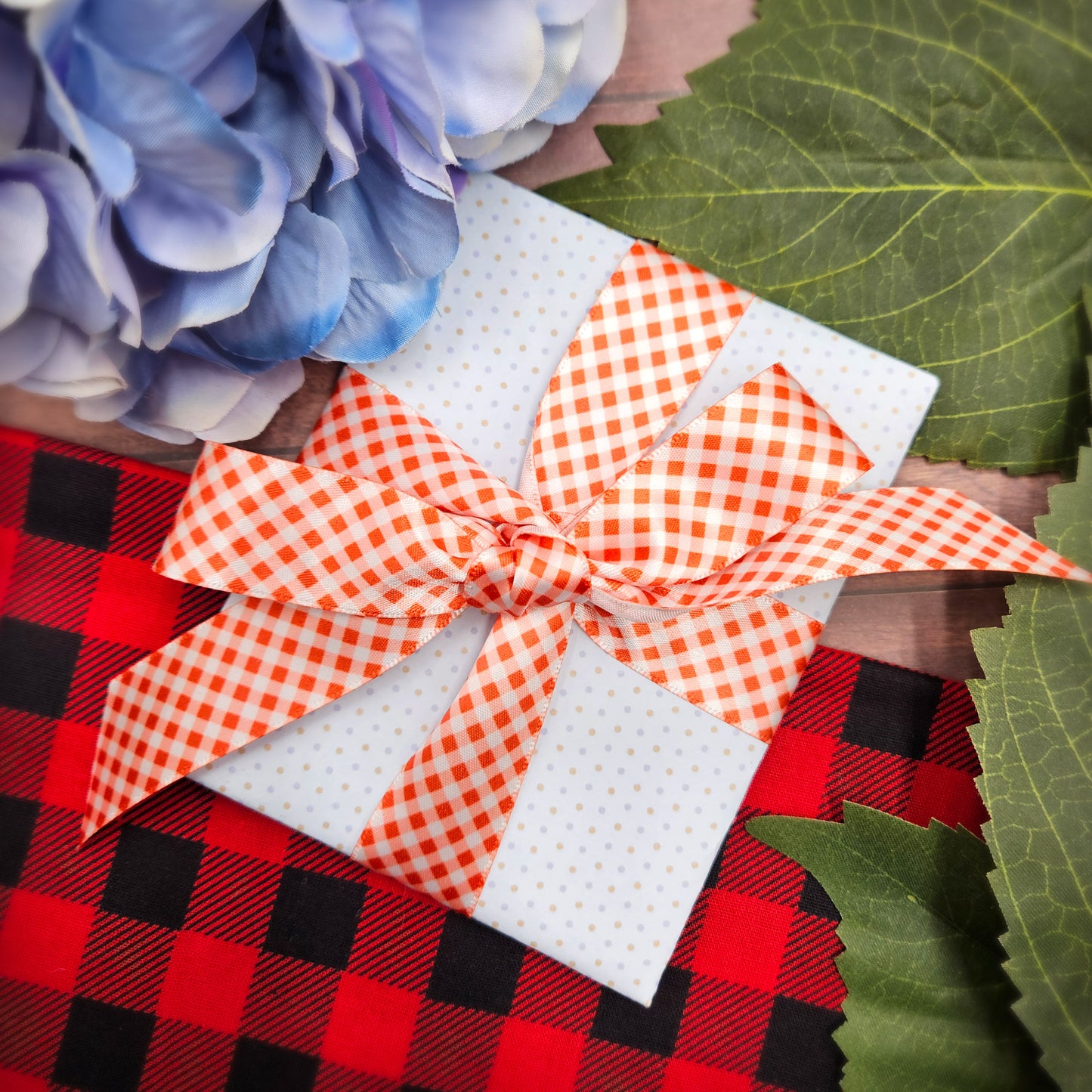 Gingham Check Ribbon in red and white printed on 7/8" white single face satin