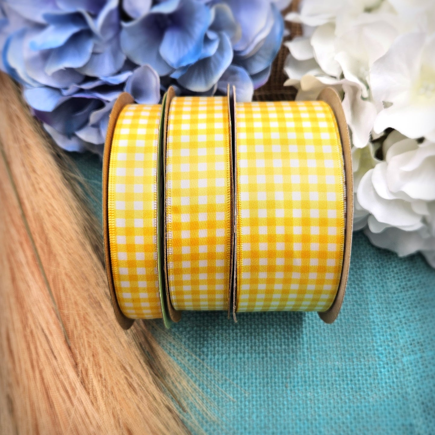 Yellow Gingham check ribbon on 7/8" white single face satin