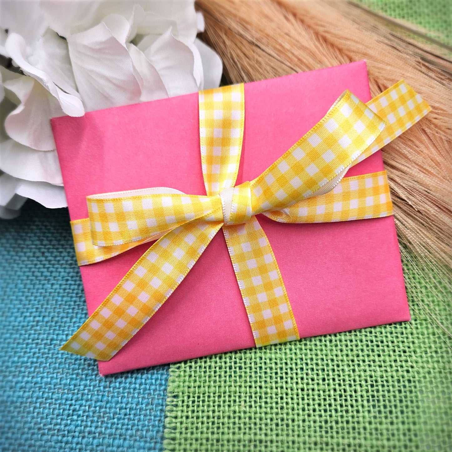 Yellow Gingham check ribbon on 5/8" white single face satin