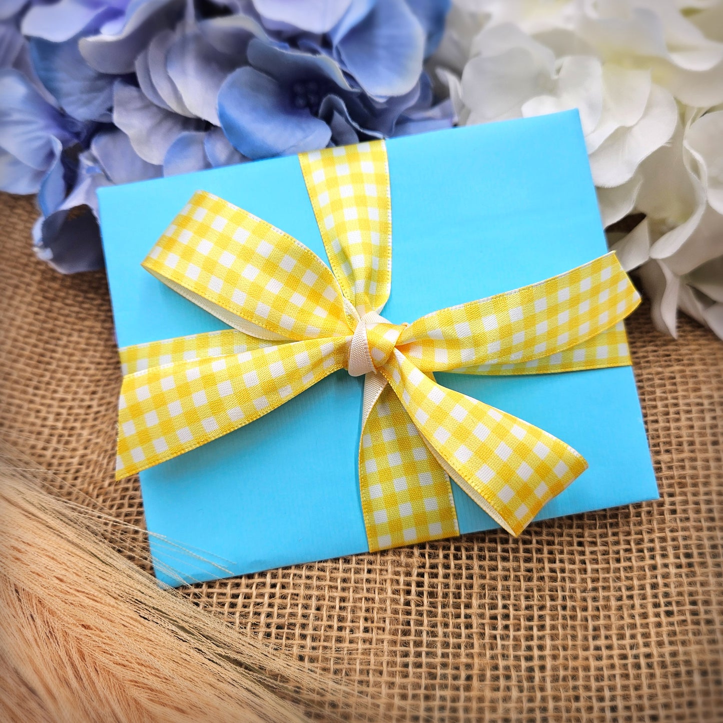 Yellow Gingham check ribbon on 7/8" white single face satin