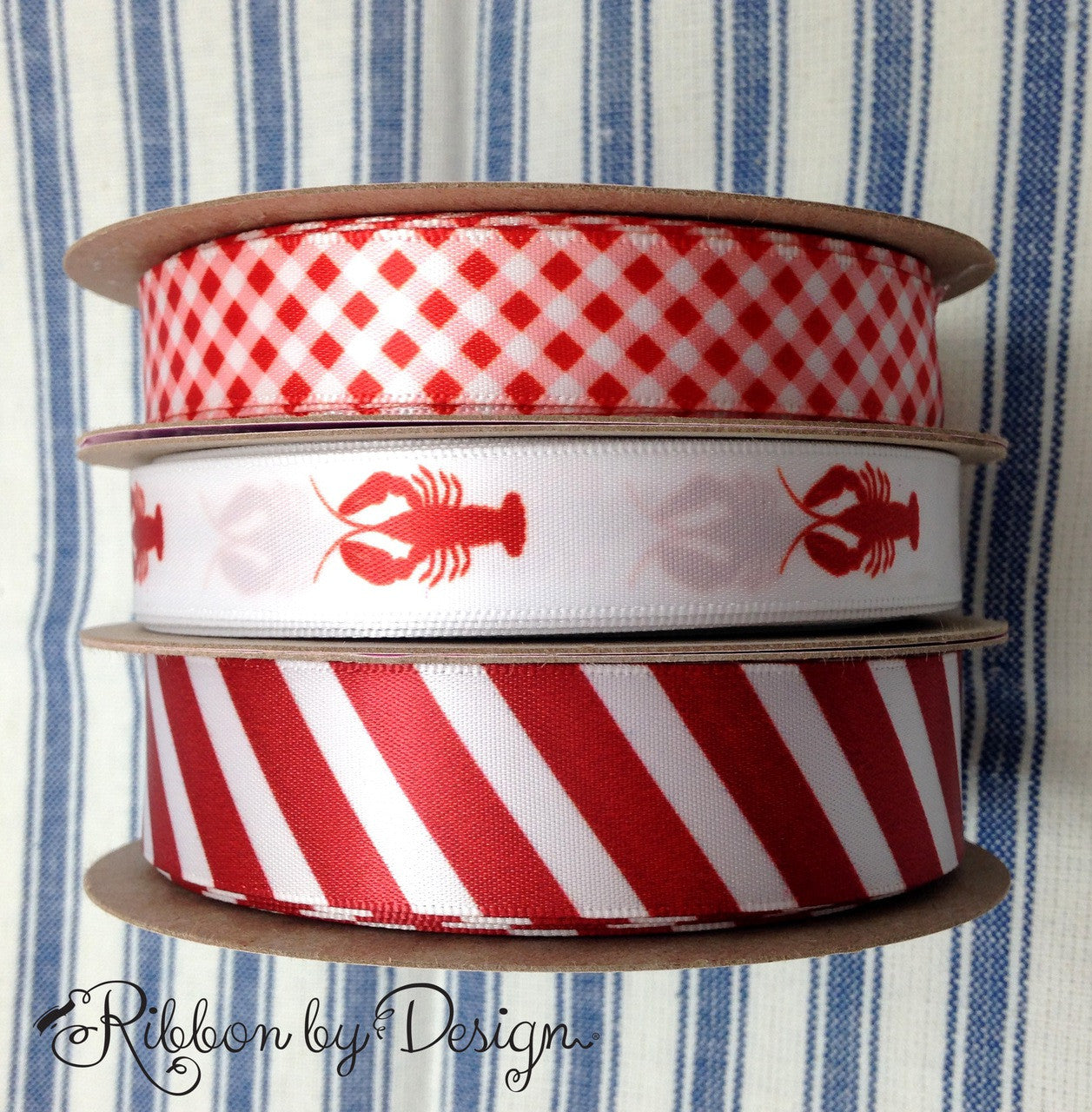 Gingham Check Ribbon in red and white on 7/8 White grosgrain