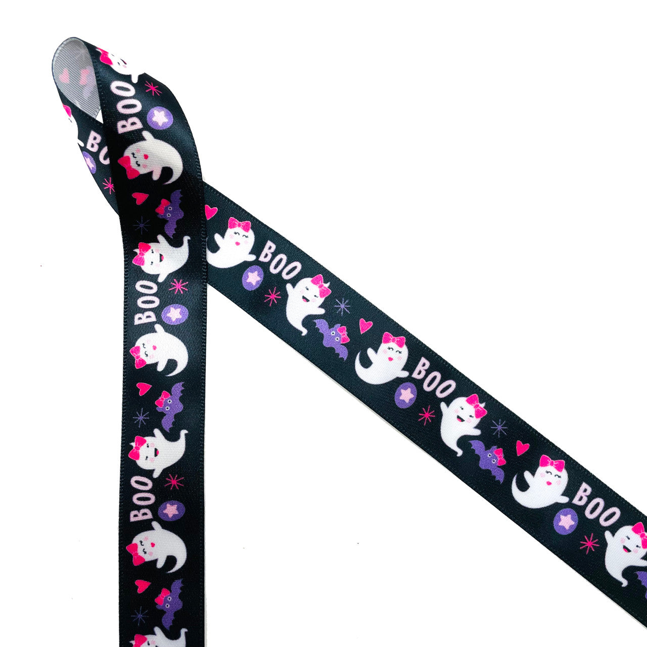 Girl ghost ribbon with lavender bats and pink hearts on a black ...