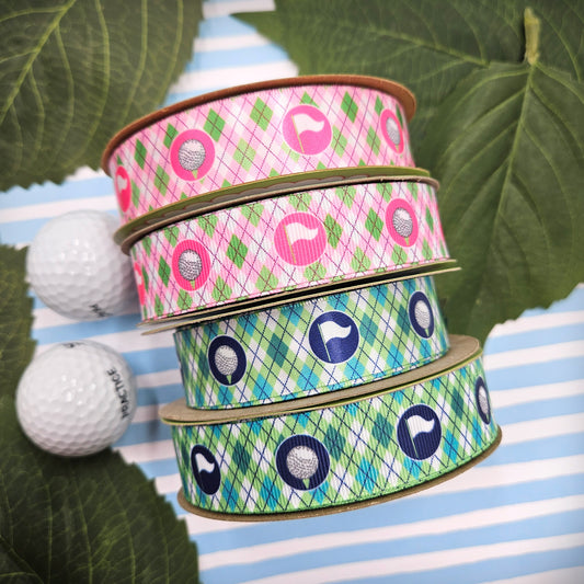 Golf ribbon golf balls and tees and golf flags in an argyle background in pink or blue printed on 7/8" white satin and grosgrain