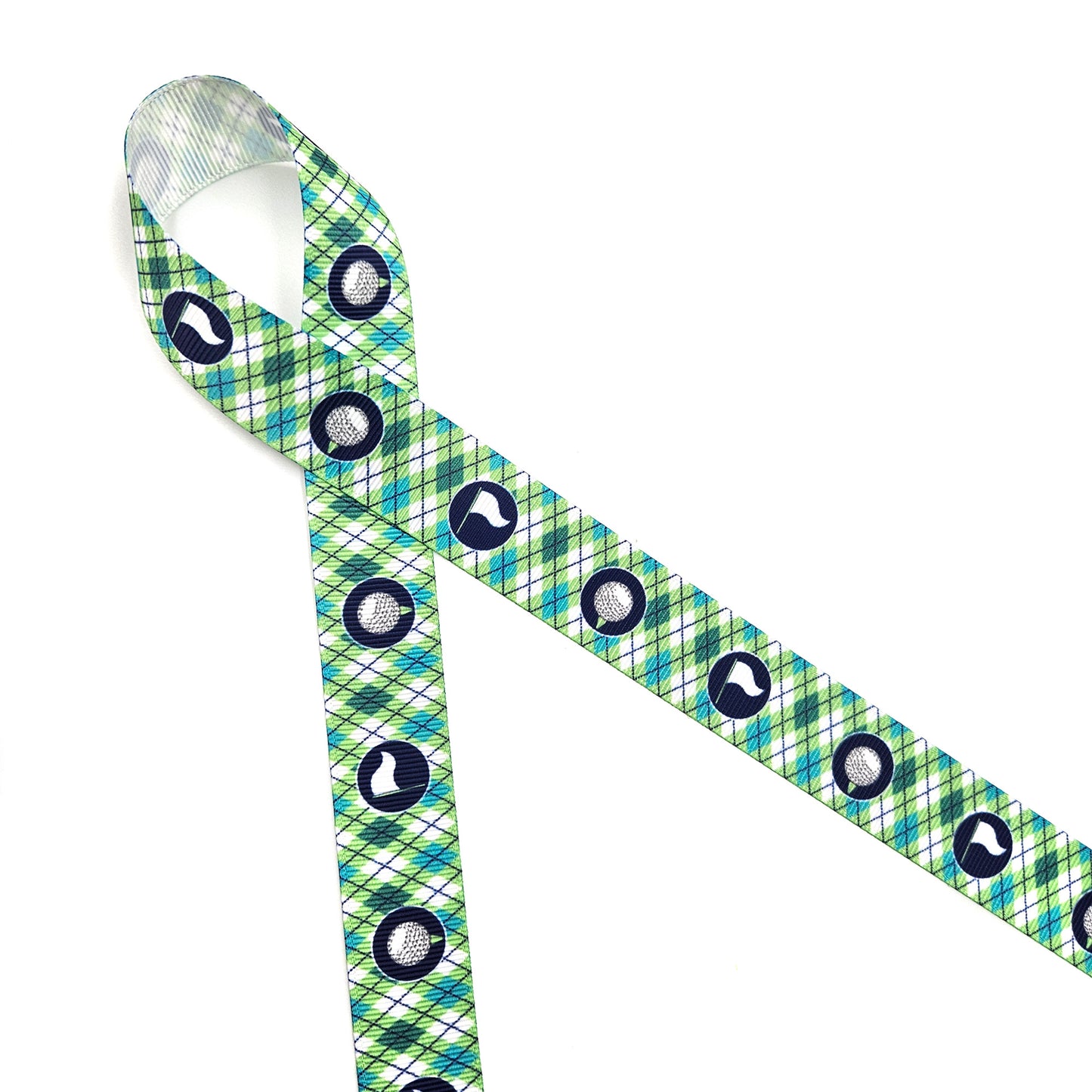 Golf ribbon golf balls and tees and golf flags in an argyle background in pink or blue printed on 7/8" white satin and grosgrain