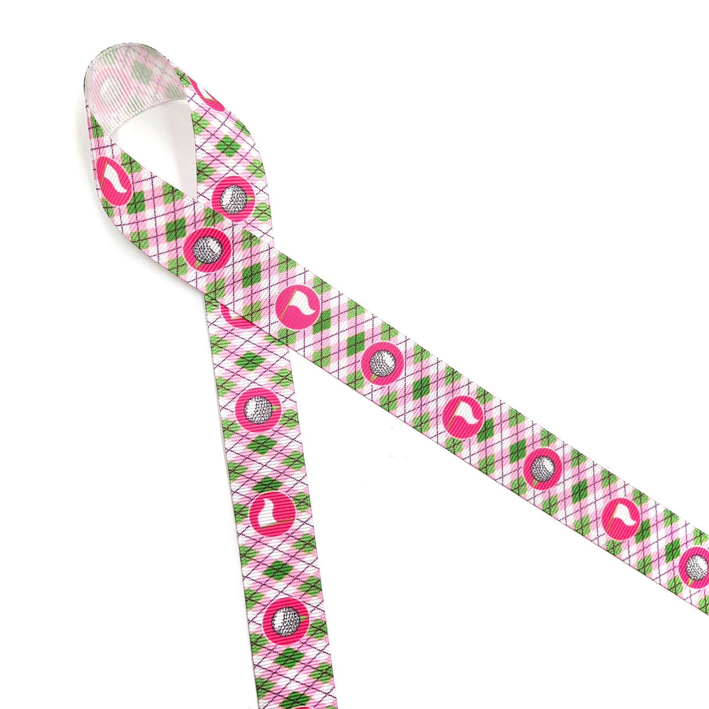 Golf ribbon golf balls and tees and golf flags in an argyle background in pink or blue printed on 7/8" white satin and grosgrain