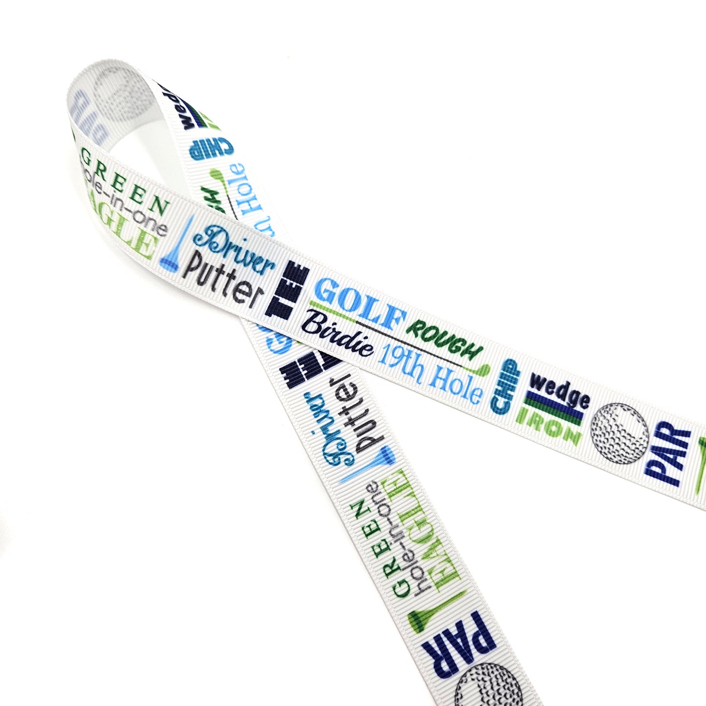 Golf word block ribbon in blue and green printed on 5/8" and  7/8" white single face satin and grosgrain