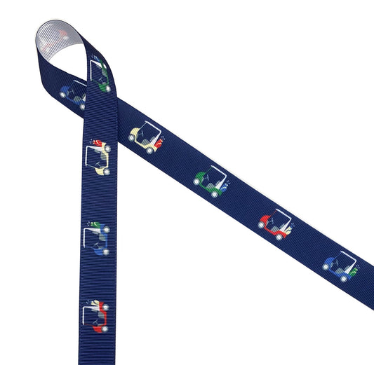 Colorful golf carts in green, yellow, red and blue with a bag of clubs on board printed on 7/8" white grosgrain is a fun ribbon for all your favorite golfers. This ribbon is ideal for tournaments, banquets, gifts, and gift baskets. Be sure to have this ribbon on hand for Father's Day too! All our ribbon is designed and printed in the USA.
