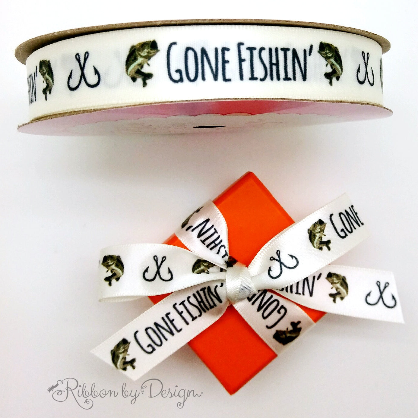 Gone Fishin' Ribbon printed on 5/8" antique white single face satin