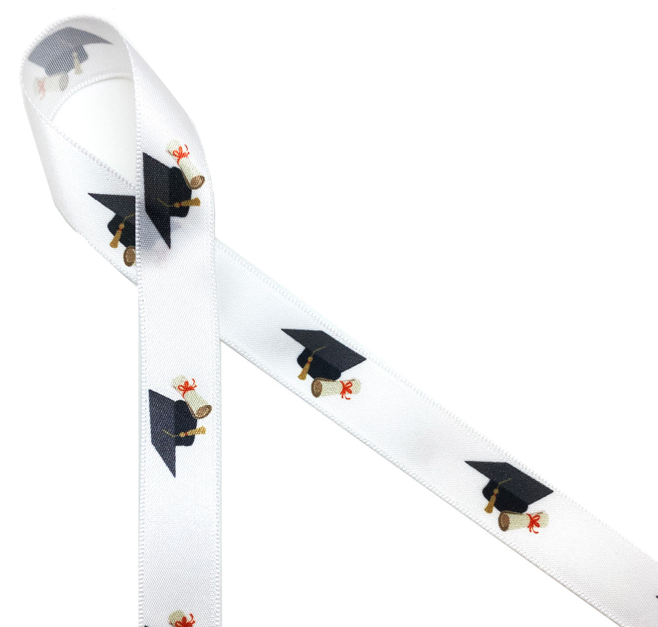 Mortar boards in black with a gold tassel and rolled diploma tied with a red ribbon printed on 5/8" white single face satin ribbon offered on a 10 yard spool is an ideal ribbon for graduation gifts, favors and craft projects!