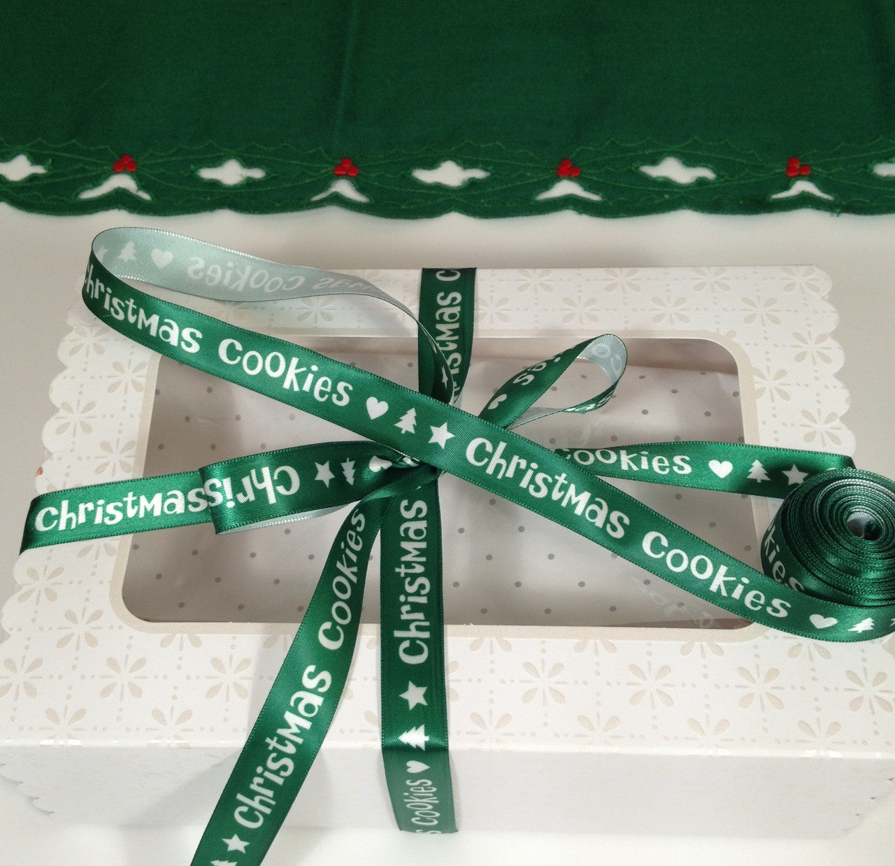 Our Christmas Cookies ribbon in green makes this box of cookies extra special for the Season!