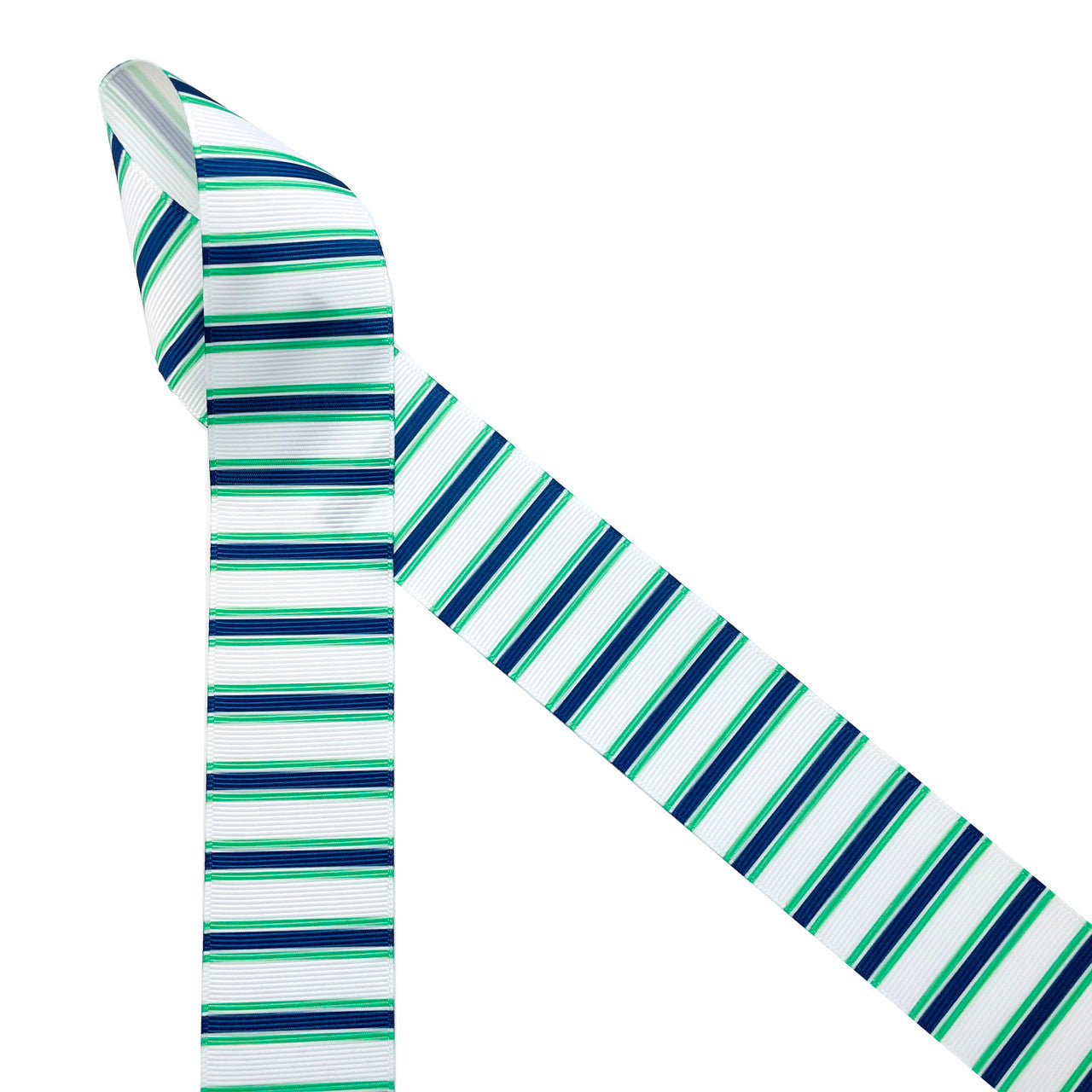 Stripes of blue and green printed on 1.5" white grosgrain ribbon is the ideal ribbon for preppy bows! This is a fun ribbon for preppy party decor, seaside party decor. beach themed parties, hair bows, headbands and hat bands! A fun ribbon for gift wrap, quilting and sewing crafts too! All our ribbon is designed and printed in the USA
