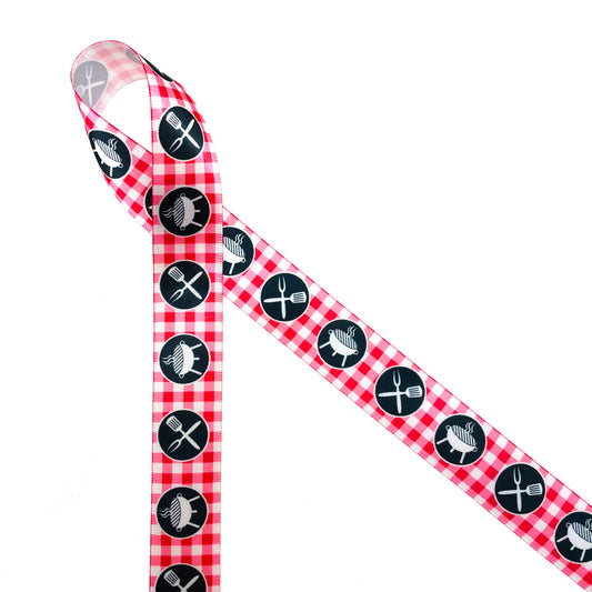 Barbecue's are fun all year long, but Summer is the season for cooking outdoors! Barbecue grills and tools in black and white printed on a red gingham background on 7/8" white single face satin ribbon is ideal for a gift for the host! This is an ideal ribbon for gift wrap, party decor, quilting and craft projects of all kinds!  All our ribbon is designed and printed in the USA