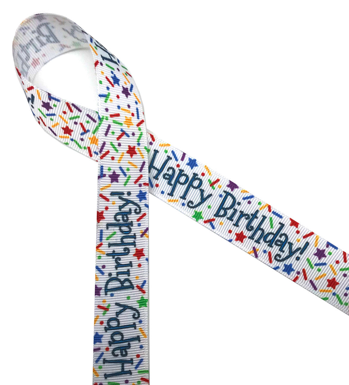 Happy Birthday with sprinkles in primary colors printed on 7/8" white grosgrain ribbon is ideal for celebrating that special day! This is an ideal ribbon for gifts, crafts, scrapbooking and party favors! Our ribbon is designed and printed in the USA