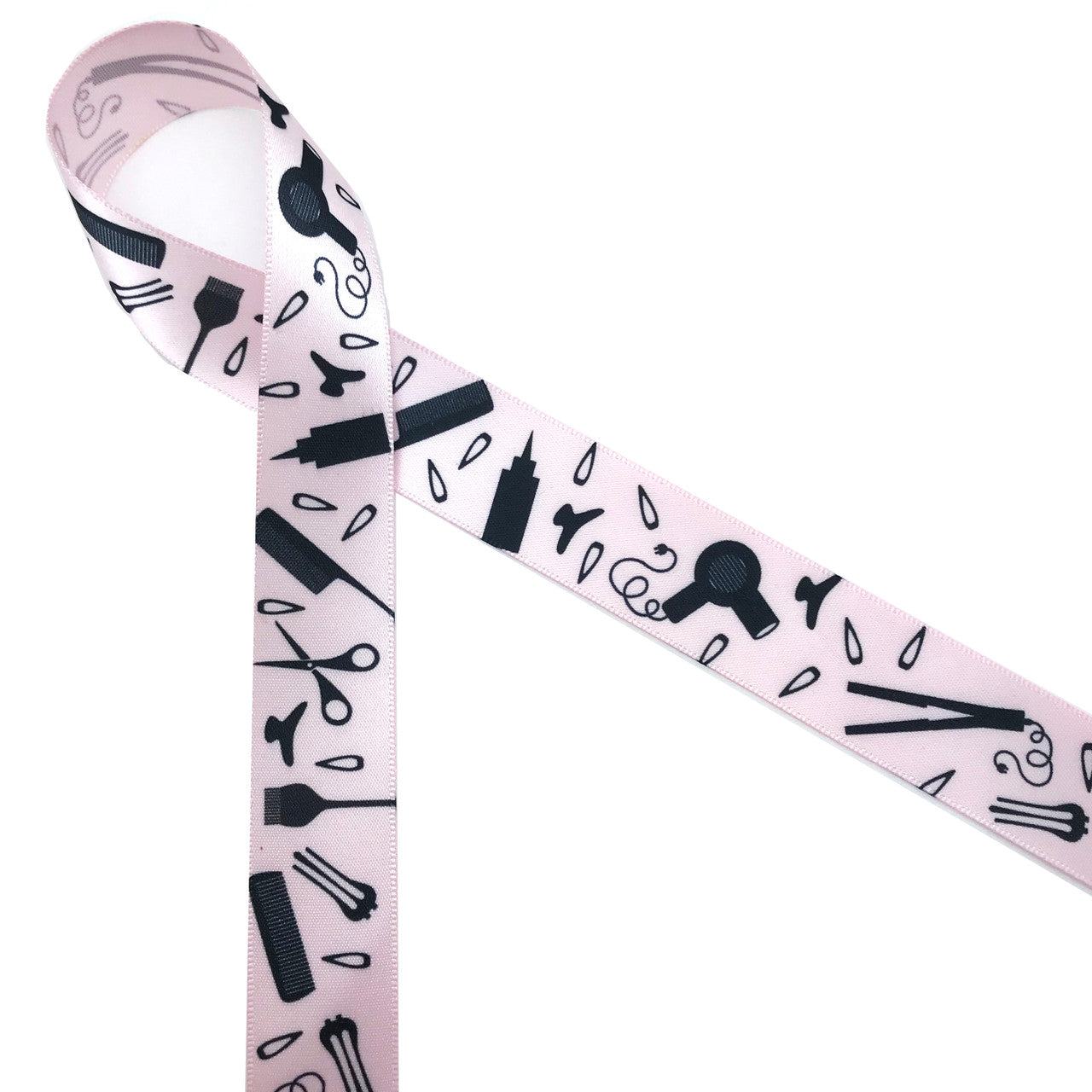 Hair dressing themed ribbon printed on 7/8" pink single face satin will make your favorite hair dresser so happy when tied on a gift for a special occasion or holiday!