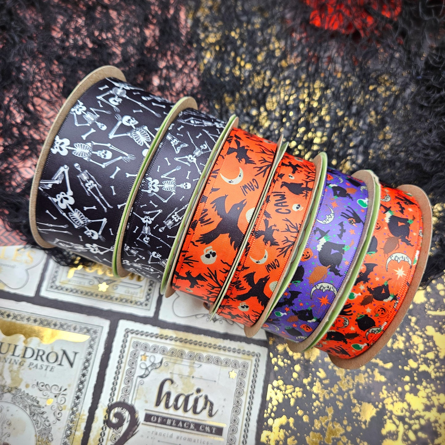 Witches and black cats ribbon on a purple or orange background printed on 7/8" satin