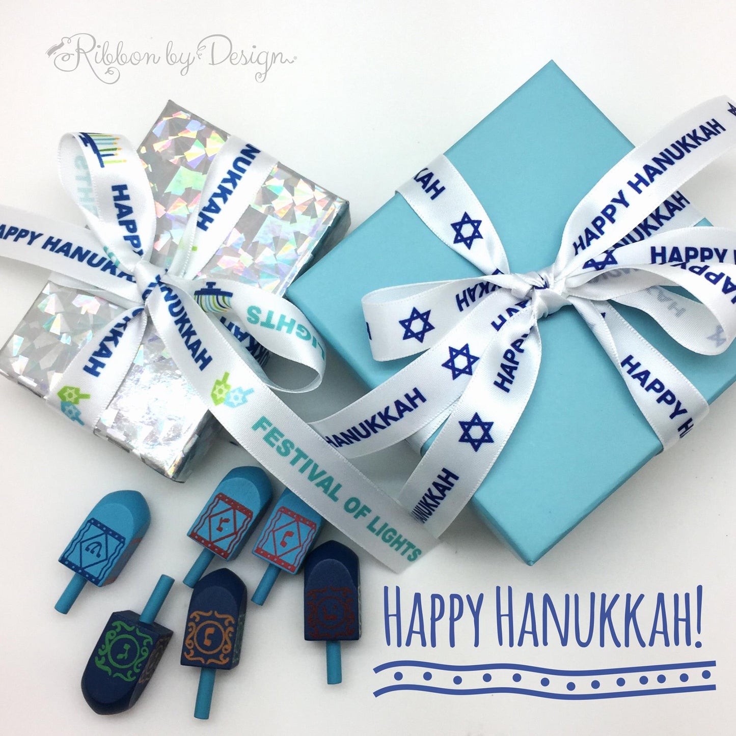 Happy Hanukkah Ribbon with Star of David on 5/8" White Single Face Satin ribbon