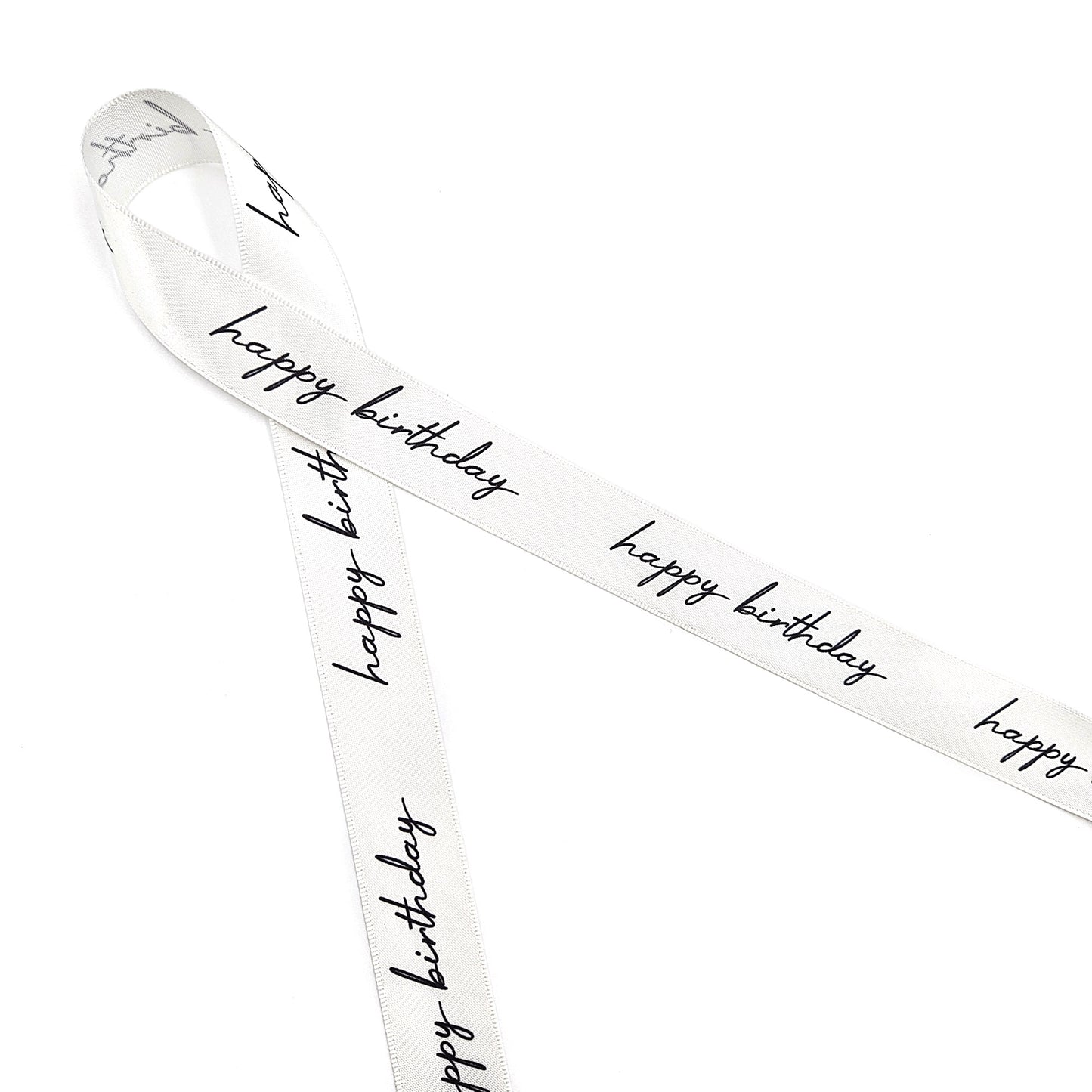 Happy Birthday Ribbon in black text on 5/8" and 7/8" white single face satin