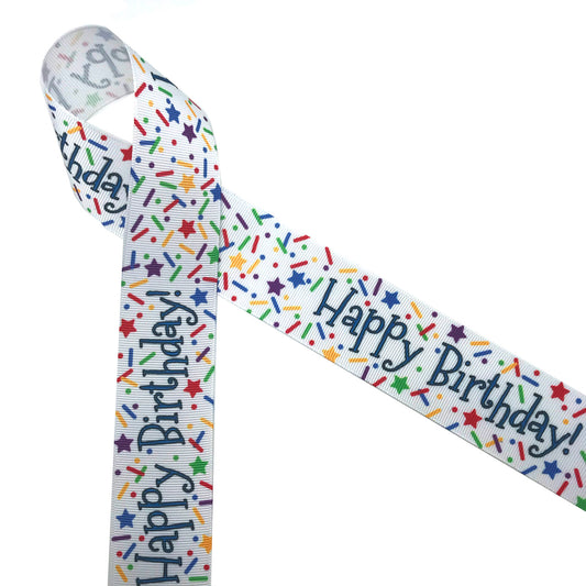 Happy Birthday with sprinkles in primary colors printed on 1.5" white grosgrain ribbon is ideal for celebrating that special day! This is an ideal ribbon for gifts, crafts, scrapbooking and party favors! Our ribbon is designed and printed in the USA
