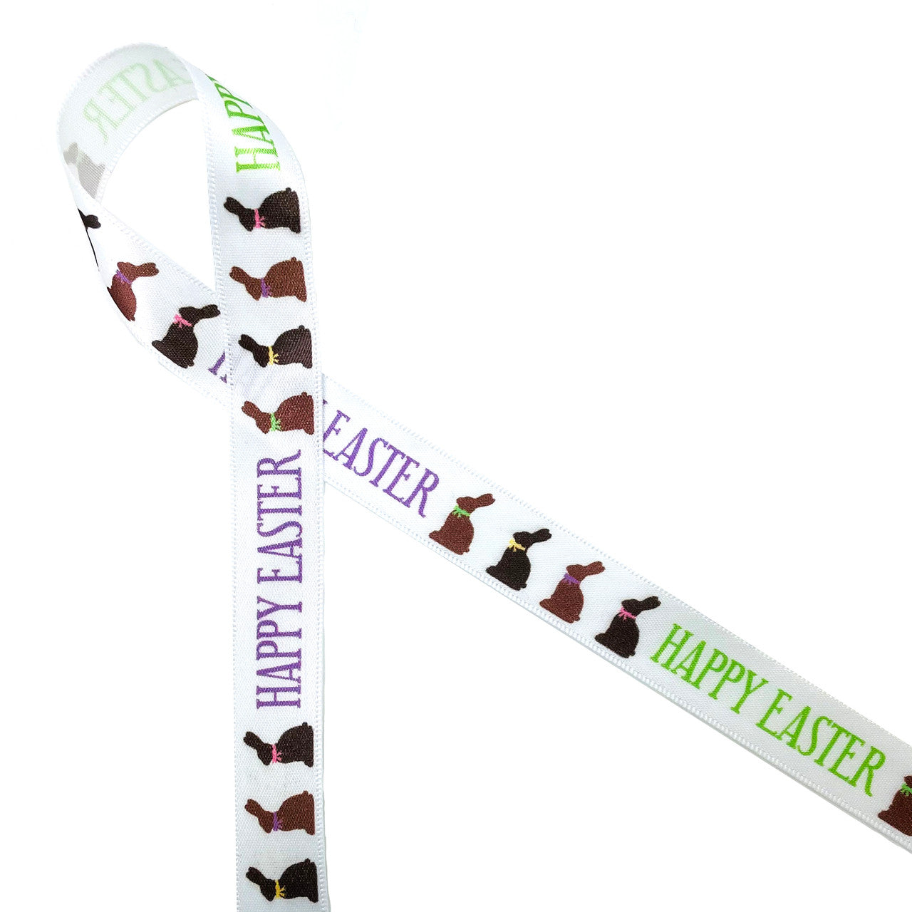 Chocolate bunnies with cute pastel bows  followed by Happy Easter on 5/8"  white satin ribbon is just the dressing needed for all your chocolate Easter treats!