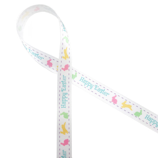 Happy Easter in aqua blu with bunnies of pink, yellow and green hopping along the 5/8" white single face satin makes for a fun Easter Basket tie!