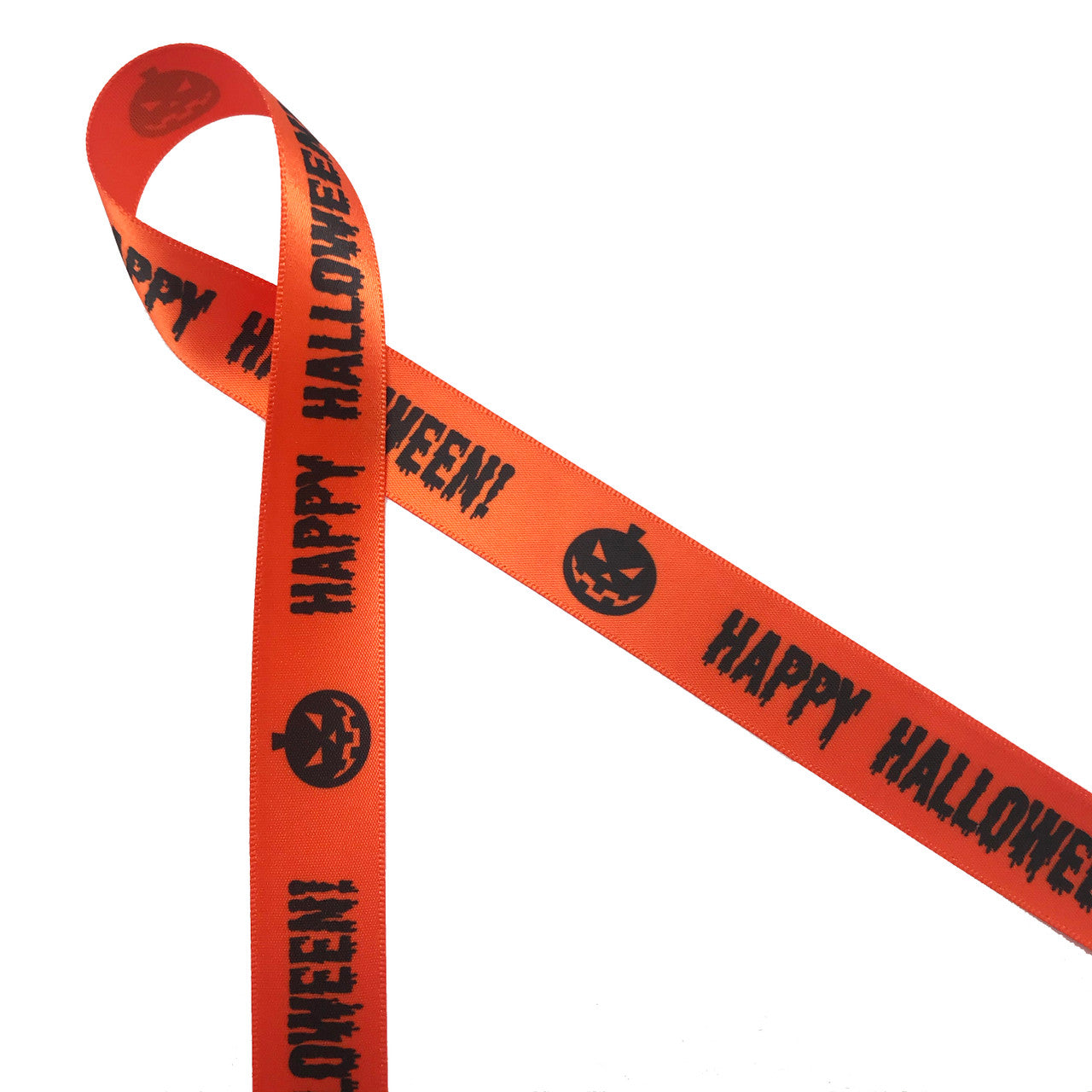 Happy Halloween in black ink with a Jack O'Lantern on 7/8" orange ribbon, 10 Yards