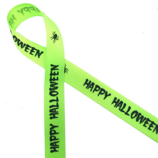 Happy Halloween in black with a creepy black spider on 7/8" neon green grosgrain ribbon, 10 Yards