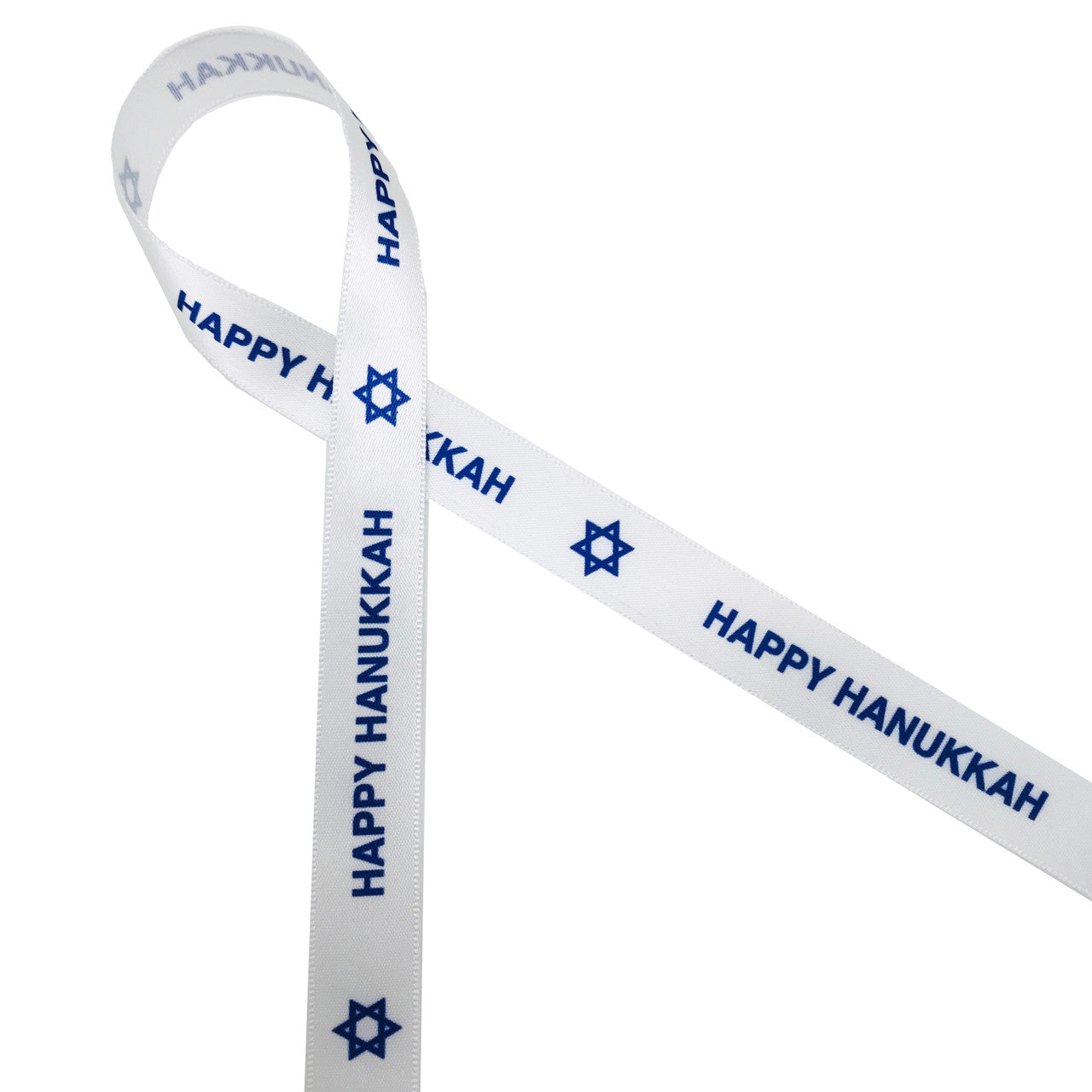 Happy Hanukkah and the Star of David on 5/8" White Single Face Satin ribbon, 10 Yards