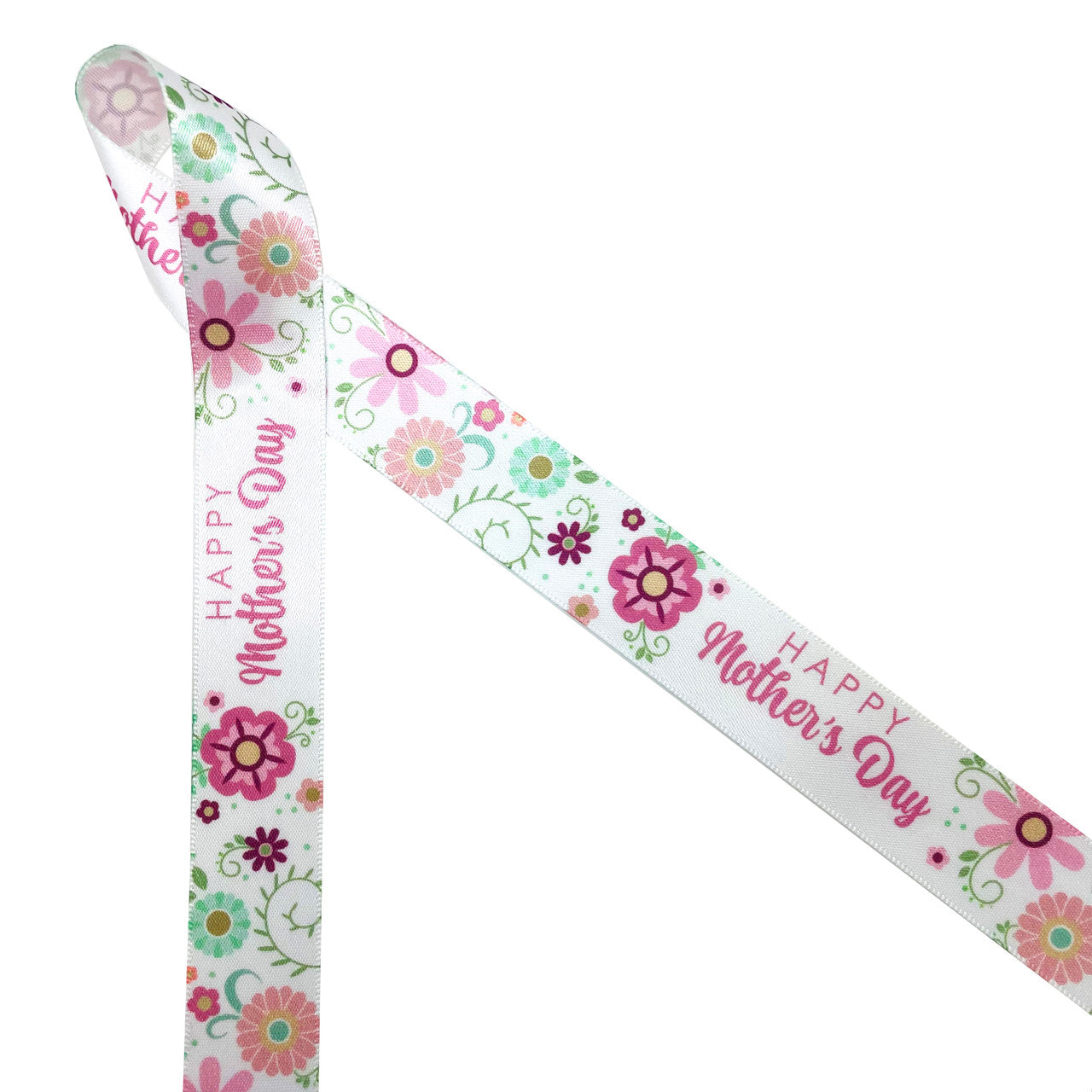 Happy Mother's Day in pink with pink, rose gold and sage florals printed on 7/8" white single face satin ribbon is the ideal ribbon for a Mother's Day celebration! This ribbon is perfect for gift, wrap, floral design, table decor, sweets tables and fun crafts! Be sure to have  this ribbon on hand for Mom's special day! Our ribbon is designed and printed in the USA