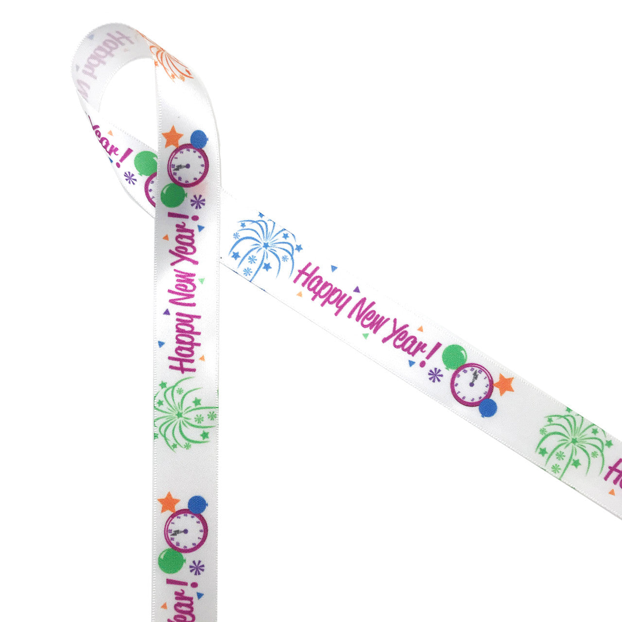 Happy New Year with a clock and balloons on 7/8" white single face satin ribbon, 10 Yards