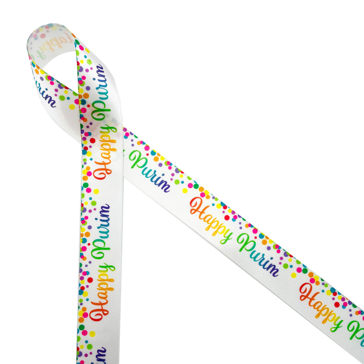 Happy Purim ribbon with confetti dots in primary colors printed on 7/8" white single face satin is ideal for gift wrap, gift baskets, favors, and table decor. This is a fun ribbon for cookies, cake pops and candy gifts too. Be sure to have this sweet ribbon on hand for crafts, sewing and quilting projects. All our ribbon is designed and printed in the USA. 