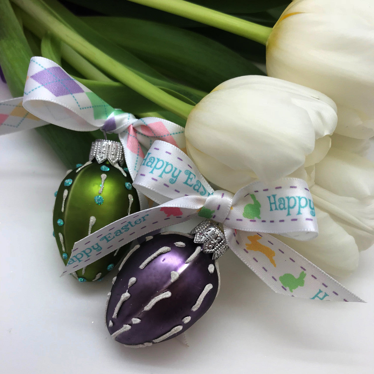 Happy Easter Ribbon with hopping bunnies printed on 5/8" white single face satin