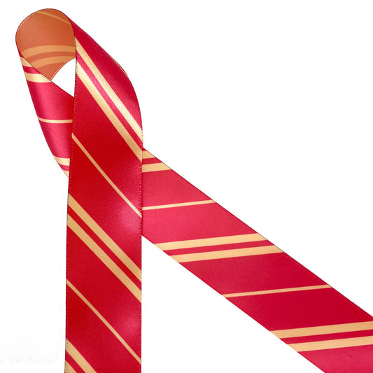 Red and gold stripes of varying widths printed on 1.5" gold single face satin is a wonderful addition to gifts, favors and party decor featuring the house of Gryffinndor. All our ribbon is designed and printed in the USA