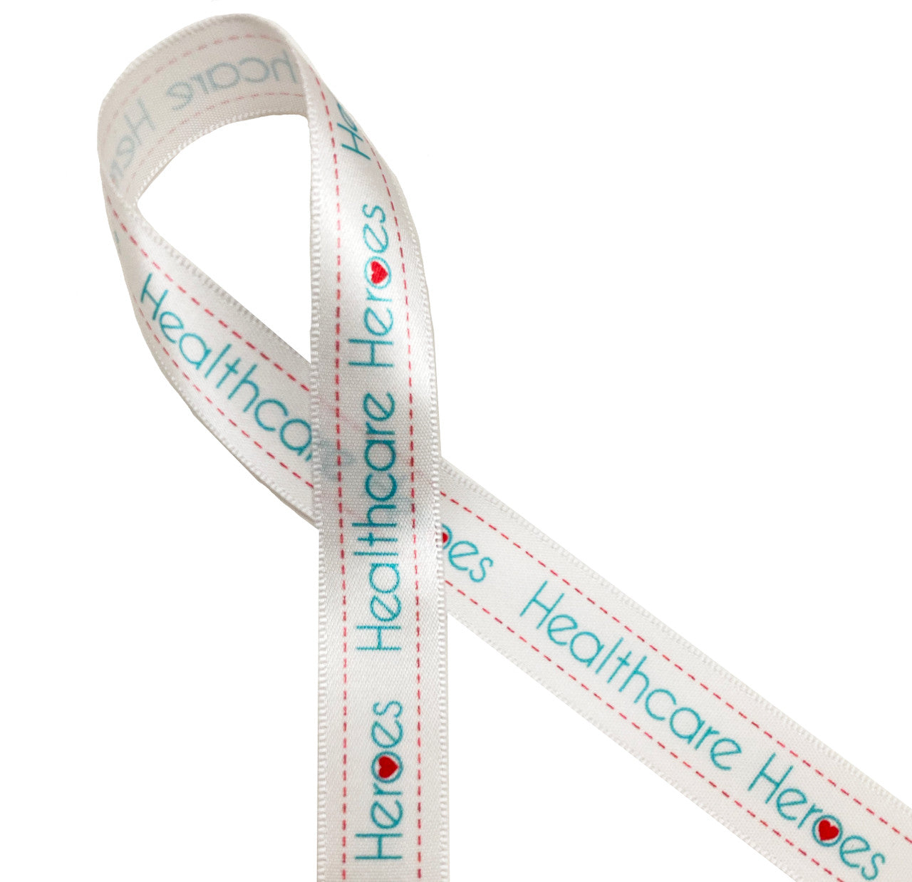 Healthcare heroes in light blue with a red heart printed on 5/8" white single face satin ribbon is the ideal ribbon to celebrate your favorite healthcare professional!