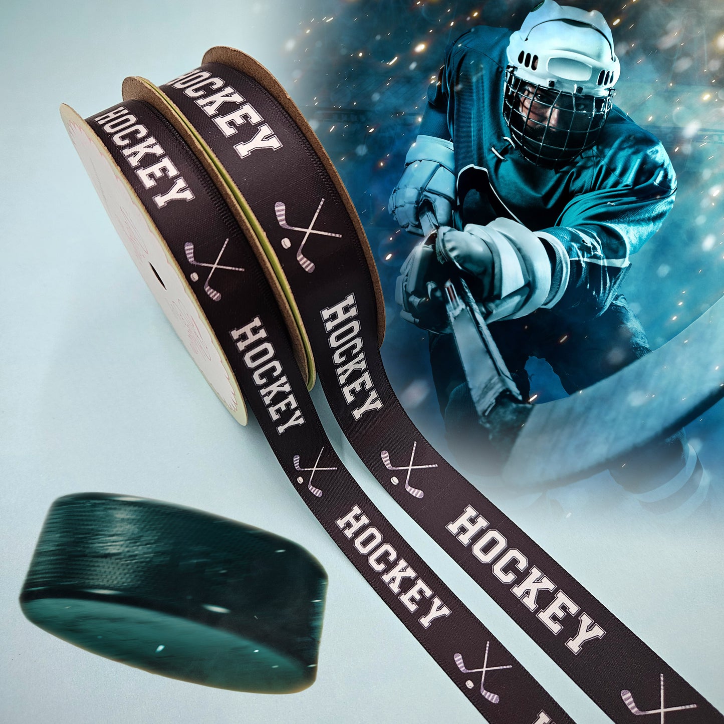 Hockey Ribbon with crossed Hockey sticks in white on a black background printed on 5/8" and 7/8" white satin