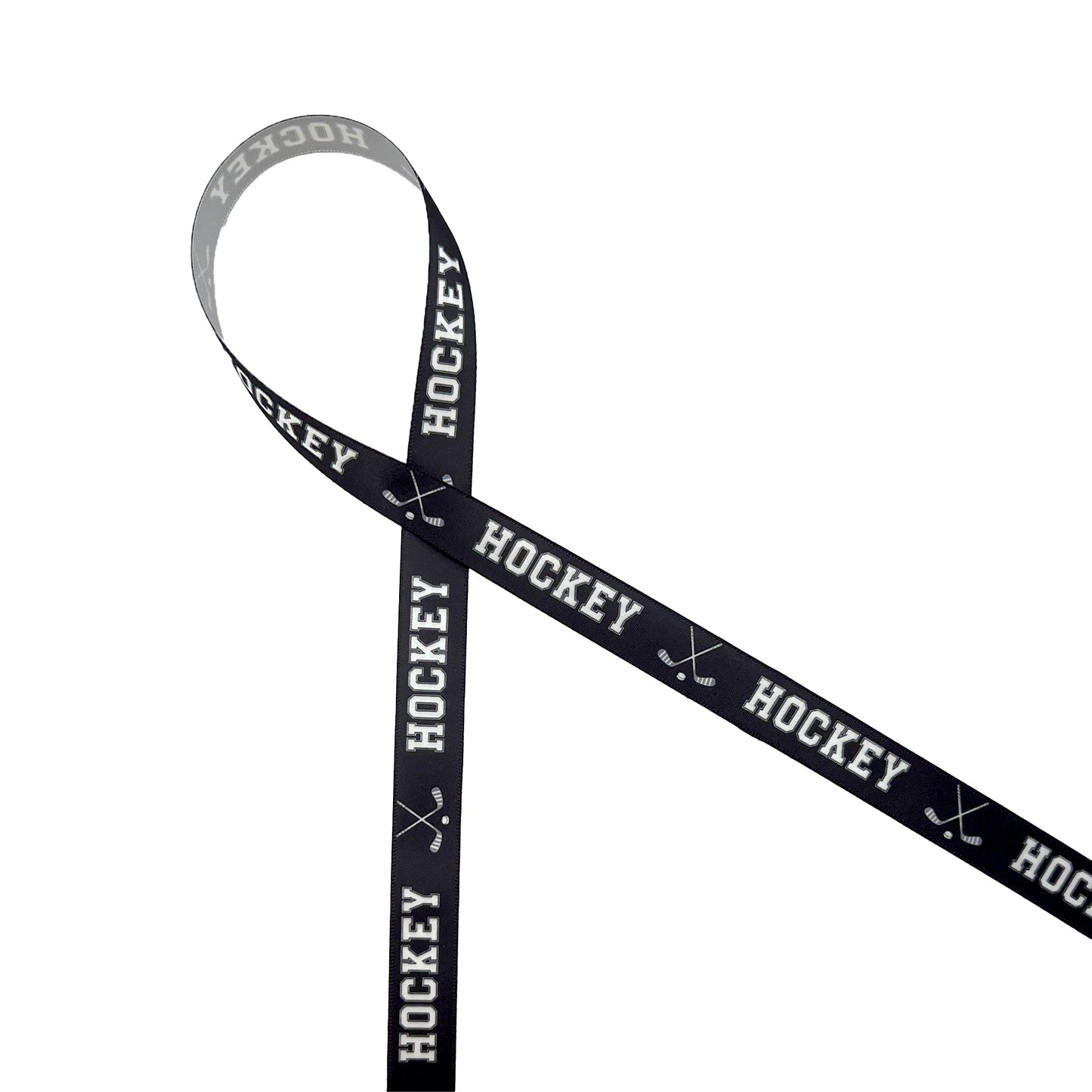 Hockey Ribbon with crossed Hockey sticks in white on a black background printed on 5/8" white satin