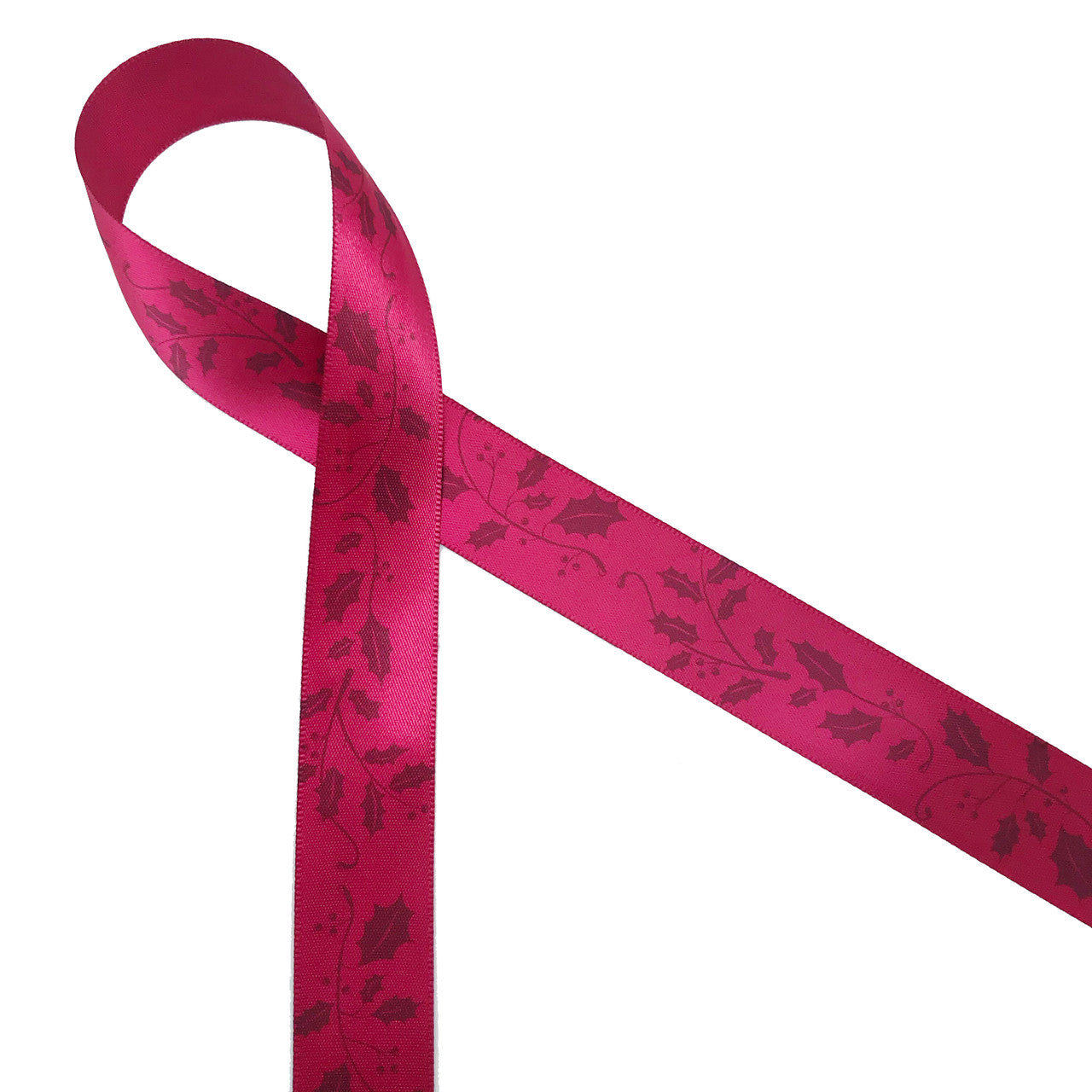 Ruby Red Ribbon Christmas Holly in burgundy on ruby red, 7/8
