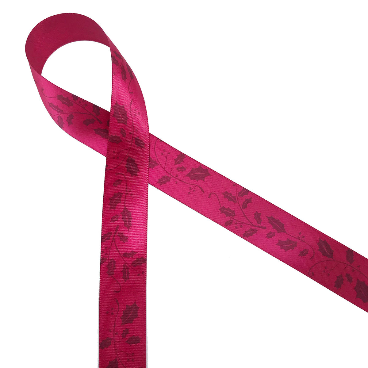 One Ruby Ribbon Christmas Holly in burgundy on ruby red, 7/8