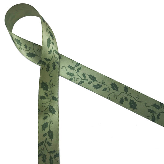 Holly in green on 7/8" Willow green single face satin ribbon, 10 Yards