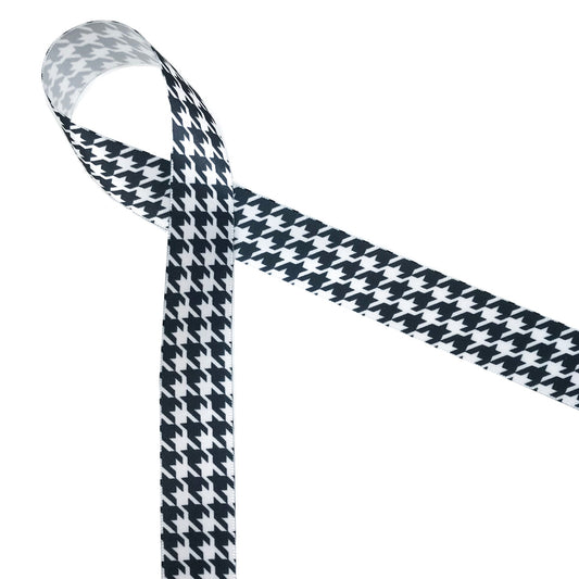 Black and white houndstooth check printed on 7/8" white single face satin ribbon is a classic design for Holiday gift wrap, Father's day and Alabama football. All our ribbons are designed and printed in the USA
