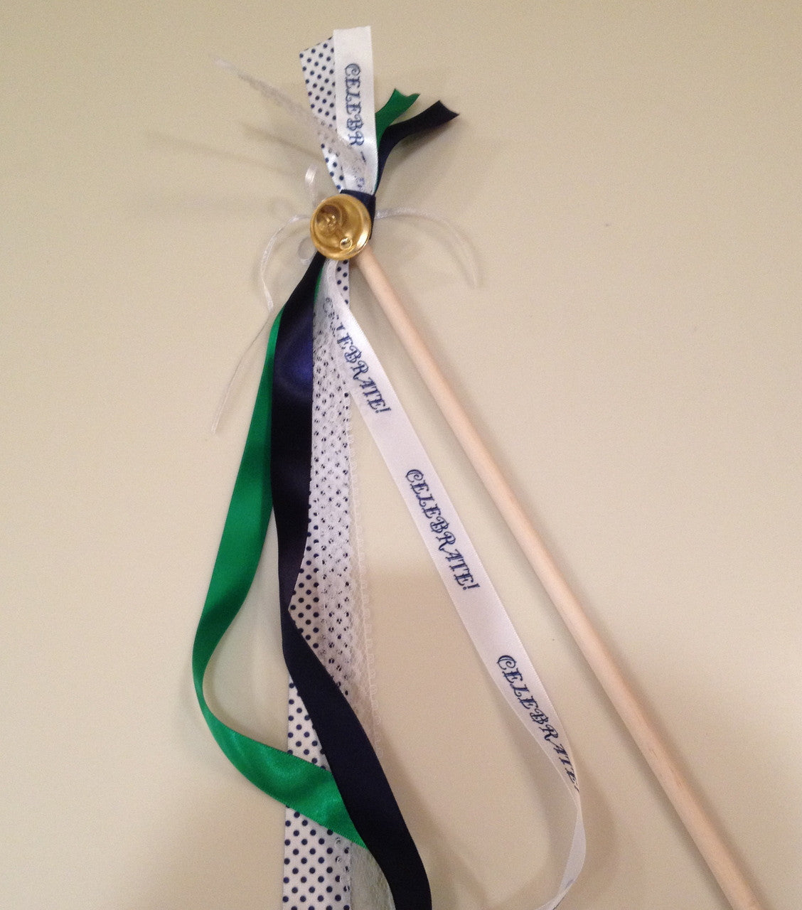 This couple chose navy and emerald for their colors. We think our Celebrate ribbon is a perfect compliment for their wedding wands!